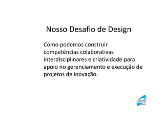 Nosso Desafio de Design
Como podemos construir
competências colaborativas
interdisciplinares e criatividade para
apoio no gerenciamento e execução de
projetos de inovação.

 