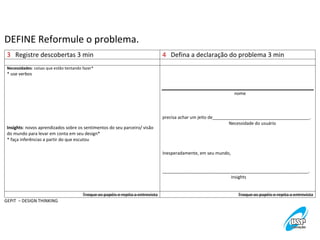 DEFINE	
  Reformule	
  o	
  problema.	
  
3	
  	
  	
  Registre	
  descobertas	
  3	
  min	
  

4	
  	
  	
  Defina	
  a	
  declaração	
  do	
  problema	
  3	
  min	
  

	
  

	
  
	
  
	
  
	
  
	
  
	
  	
  	
  	
  	
  	
  	
  	
  	
  	
  	
  	
  	
  	
  	
  	
  	
  	
  	
  	
  	
  	
  	
  	
  	
  	
  	
  	
  	
  	
  	
  	
  	
  	
  	
  	
  	
  	
  	
  	
  	
  	
  	
  	
  	
  	
  	
  	
  	
  	
  	
  	
  	
  	
  	
  	
  	
  	
  	
  	
  	
  	
  	
  	
  	
  nome	
  
	
  
	
  
	
  
precisa	
  achar	
  um	
  jeito	
  de________________________________________.	
  
	
  	
  	
  	
  	
  	
  	
  	
  	
  	
  	
  	
  	
  	
  	
  	
  	
  	
  	
  	
  	
  	
  	
  	
  	
  	
  	
  	
  	
  	
  	
  	
  	
  	
  	
  	
  	
  	
  	
  	
  	
  	
  	
  	
  	
  	
  	
  	
  	
  	
  	
  	
  	
  	
  	
  	
  	
  	
  	
  	
  Necessidade	
  do	
  usuário	
  
	
  
	
  
	
  
	
  
Inesperadamente,	
  em	
  seu	
  mundo,	
  
	
  
	
  
____________________________________________________________.	
  
	
  	
  	
  	
  	
  	
  	
  	
  	
  	
  	
  	
  	
  	
  	
  	
  	
  	
  	
  	
  	
  	
  	
  	
  	
  	
  	
  	
  	
  	
  	
  	
  	
  	
  	
  	
  	
  	
  	
  	
  	
  	
  	
  	
  	
  	
  	
  	
  	
  	
  	
  	
  	
  	
  	
  	
  	
  	
  	
  	
  	
  	
  insights	
  
	
  

Necessidades:	
  coisas	
  que	
  estão	
  tentando	
  fazer*	
  

*	
  use	
  verbos	
  
	
  
	
  
	
  
	
  
	
  
	
  
	
  
	
  
Insights:	
  novos	
  aprendizados	
  sobre	
  os	
  sentimentos	
  do	
  seu	
  parceiro/	
  visão	
  
do	
  mundo	
  para	
  levar	
  em	
  conta	
  em	
  seu	
  design*	
  
*	
  faça	
  inferências	
  a	
  partir	
  do	
  que	
  escutou	
  

Troque	
  os	
  papéis	
  e	
  repita	
  a	
  entrevista	
  
GEPIT	
  	
  –	
  DESIGN	
  THINKING	
  

Troque	
  os	
  papéis	
  e	
  repita	
  a	
  entrevista	
  

 