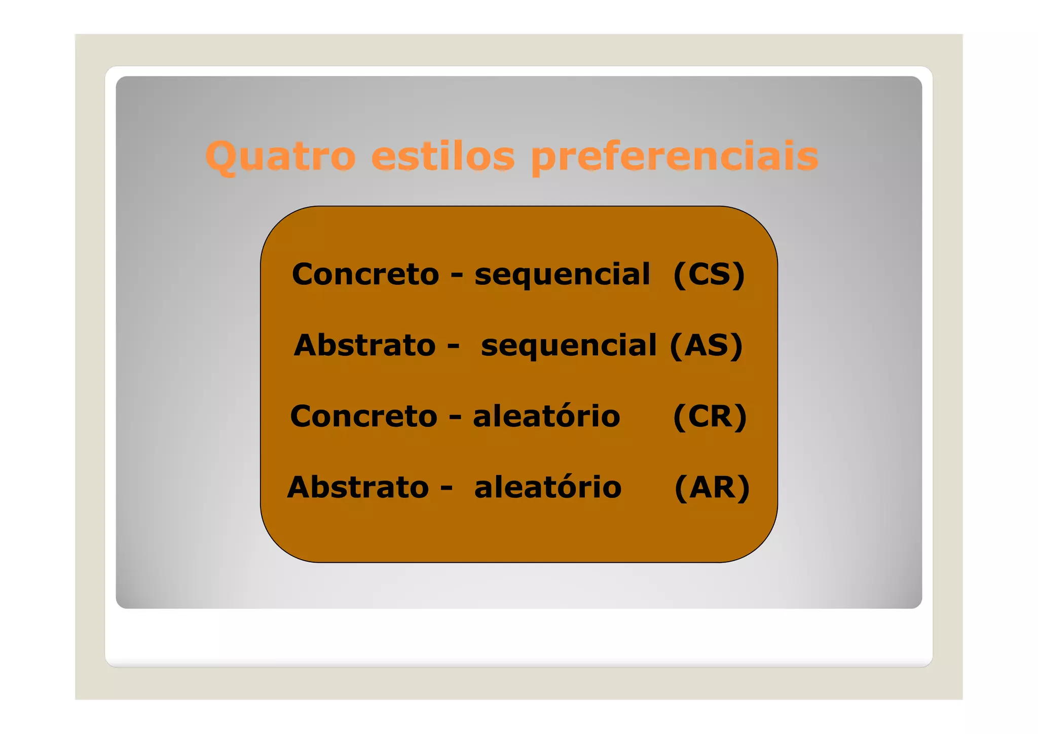 Quatro estilos preferenciais
Concreto - sequencial (CS)
Abstrato - sequencial (AS)
Concreto - aleatório

(CR)

Abstrato - aleatório

(AR)

 