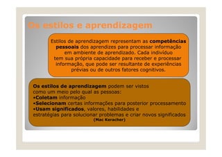 Os estilos e aprendizagem
Estilos de aprendizagem representam as competências
pessoais dos aprendizes para processar informação
em ambiente de aprendizado. Cada indivíduo
tem sua própria capacidade p
p p
p
para receber e p
processar
informação, que pode ser resultante de experiências
prévias ou de outros fatores cognitivos.
Os estilos de aprendizagem podem ser vistos
como um meio pelo qual as pessoas:
•Coletam i f
C l t
informação
ã
•Selecionam certas informações para posterior processamento
•Usam significados, valores, habilidades e
estratégias para solucionar problemas e criar novos significados
(Mac Keracher)

 
