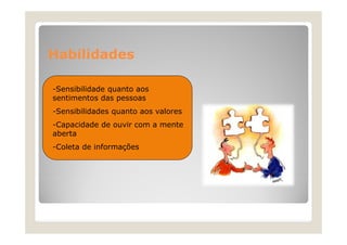 Habilidades
-Sensibilidade quanto aos
sentimentos das pessoas
-Sensibilidades quanto aos valores
-Capacidade d ouvir com a mente
C
id d de
i
t
aberta
-Coleta de informações
ç

 
