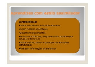 Aprendizes com estilo assimilador
Características:
•Gostam de ideias e conceitos abstratos
Gostam
•Criam modelos conceituais
•Desenham experimentos
p
•Resolvem problemas, frequentemente considerados
soluções alternativas
•Gostam de ler, refletir e participar de atividades
estruturadas
•Analisam informações quantitativas

 