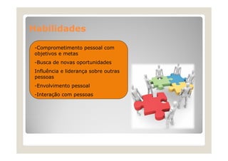Habilidades
H bilid d
-Comprometimento pessoal com
objetivos e metas
-Busca de novas oportunidades
Busca
Influência e liderança sobre outras
pessoas
-Envolvimento pessoal
-Interação com pessoas

 