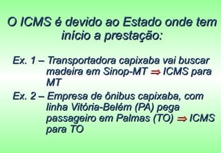 O ICMS é devido ao Estado onde tem
        início a prestação:
Ex. 1 – Transportadora capixaba vai buscar
        madeira em Sinop-MT ⇒ ICMS para
        MT
Ex. 2 – Empresa de ônibus capixaba, com
        linha Vitória-Belém (PA) pega
        passageiro em Palmas (TO) ⇒ ICMS
        para TO
 