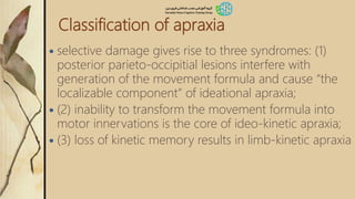 Classification of apraxia
 selective damage gives rise to three syndromes: (1)
posterior parieto-occipitial lesions interfere with
generation of the movement formula and cause “the
localizable component” of ideational apraxia;
 (2) inability to transform the movement formula into
motor innervations is the core of ideo-kinetic apraxia;
 (3) loss of kinetic memory results in limb-kinetic apraxia
 