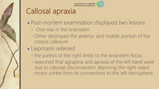 Callosal apraxia
 Post-mortem examination displayed two lesions
◦ One was in the brainstem
◦ Other destroyed the anterior and middle portion of the
corpus callosum
 Liepmann referred
◦ the paresis of the right limbs to the brainstem focus
◦ reasoned that agraphia and apraxia of the left hand were
due to calossal disconnection depriving the right-sided
motor cortex from its connections to the left hemisphere
 