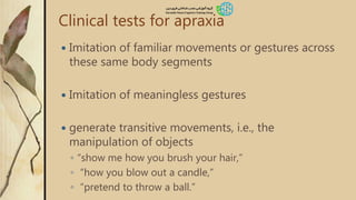 Clinical tests for apraxia
 Imitation of familiar movements or gestures across
these same body segments
 Imitation of meaningless gestures
 generate transitive movements, i.e., the
manipulation of objects
◦ “show me how you brush your hair,”
◦ “how you blow out a candle,”
◦ “pretend to throw a ball.”
 