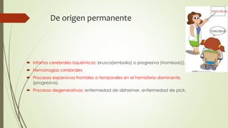 De origen permanente
 Infartos cerebrales isquémicos: brusca(embolia) o progresiva (trombosis]).
 Hemorragias cerebrales
 Procesos expansivos frontales o temporales en el hemisferio dominante.
(progresiva).
 Procesos degenerativos: enfermedad de alzheimer, enfermedad de pick.
 