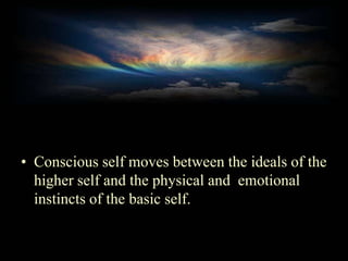 Conscious self moves between the ideals of the higher self and the physical and  emotional instincts of the basic self.<br />