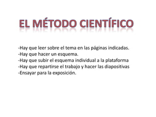 -Hay que leer sobre el tema en las páginas indicadas.
-Hay que hacer un esquema.
-Hay que subir el esquema individual a la plataforma
-Hay que repartirse el trabajo y hacer las diapositivas
-Ensayar para la exposición.
 