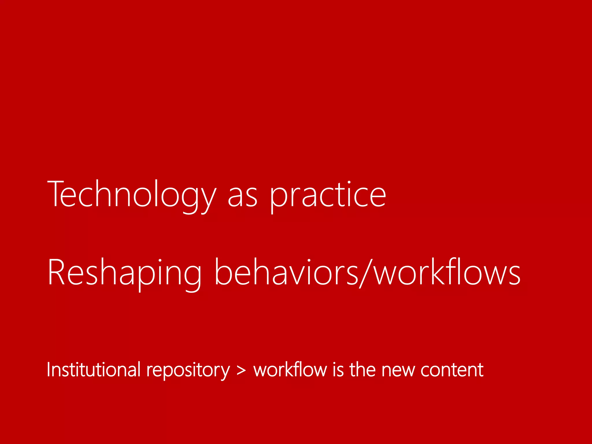 Technology as practice
Reshaping behaviors/workflows
Institutional repository > workflow is the new content
 