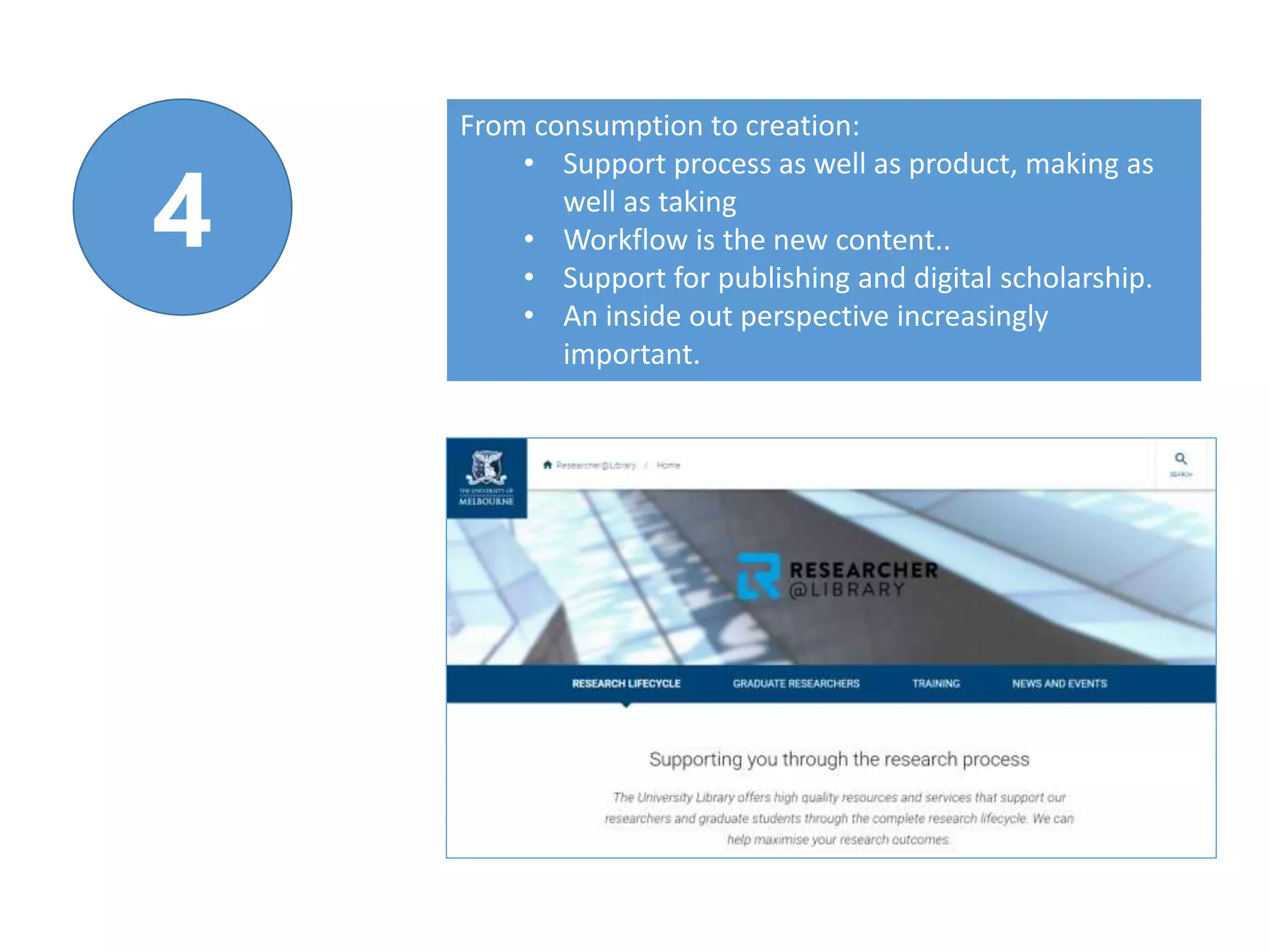 From consumption to creation:
• Support process as well as product, making as
well as taking
• Workflow is the new content..
• Support for publishing and digital scholarship.
• An inside out perspective increasingly
important.
4
 