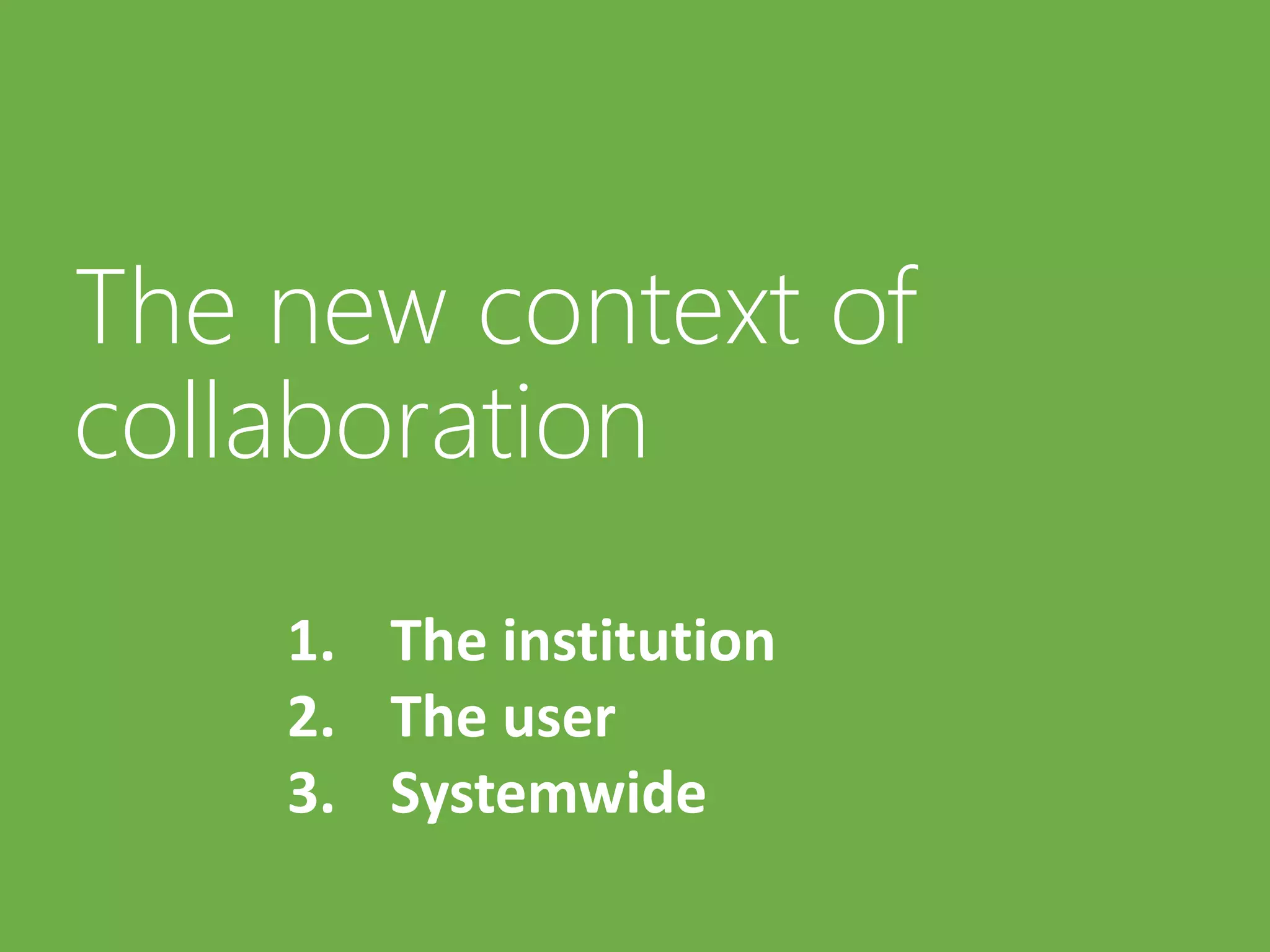 The new context of
collaboration
1. The institution
2. The user
3. Systemwide
 