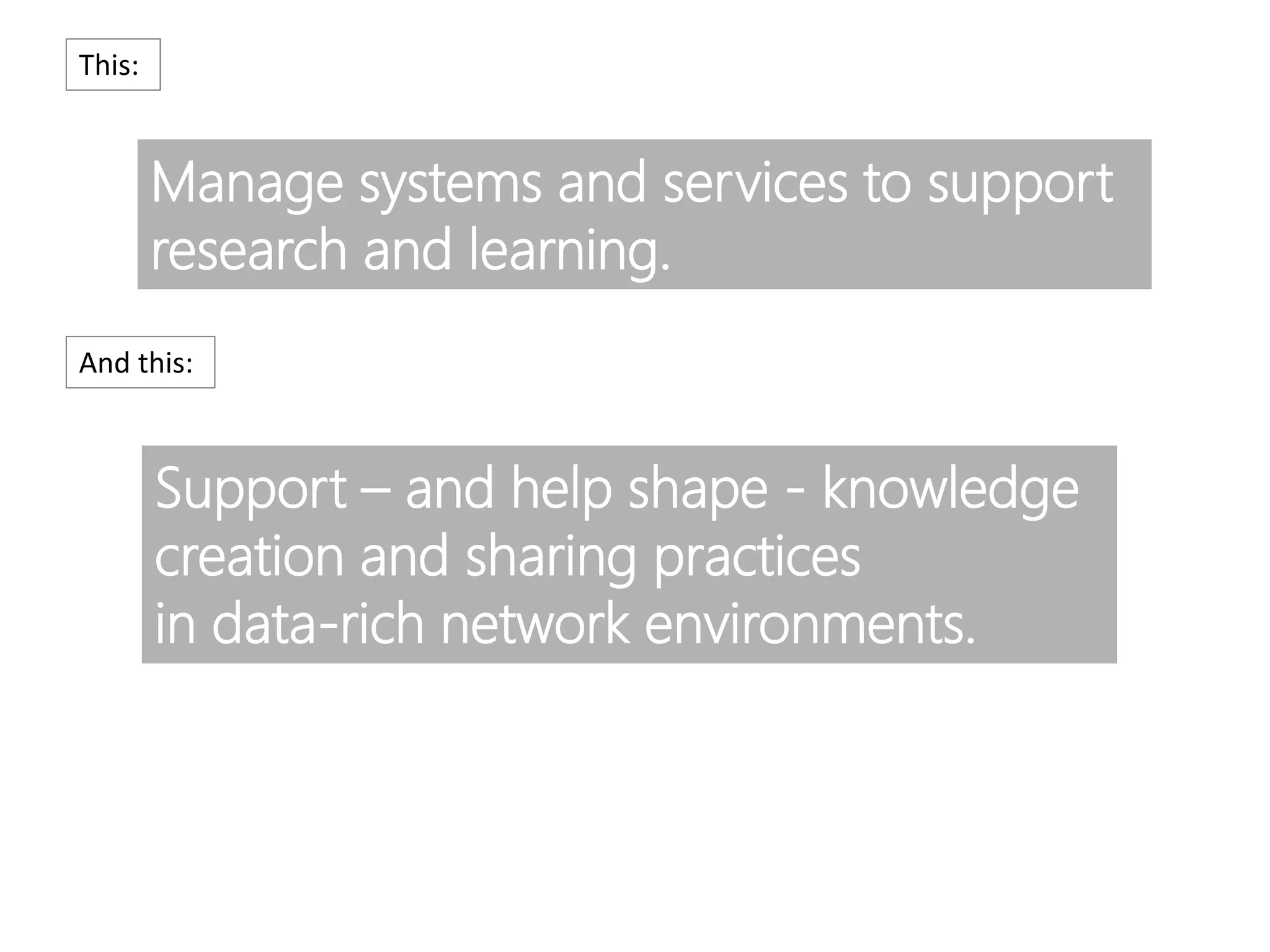 Manage systems and services to support
research and learning.
Support – and help shape - knowledge
creation and sharing practices
in data-rich network environments.
This:
And this:
 