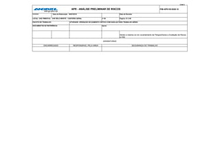 4 de 4 .
PIM-APR-HS-0028-15
Contrato:
nº 00
LOCAL: UHE PIMENTAL - UHE BELO MONTE - CANTEIRO GERAL Página: 01 à 08
Data da Elaboração: 30/07/2015
Apoio:
PACOTE DE TRABALHO:
DOCUMENTOS DE REFERÊNCIA:
ATIVIDADE: OPERAÇÃO DE IÇAMENTO CRÍTICO COM GAIOLAS PARA TRABALHO AÉREO
APR - ANÁLISE PRELIMINAR DE RISCOS
Data da Revisão:
Adotar a mesma cor do Levantamento de Perigos/Danos e Avaliação de Riscos
à HSE
ASSINATURAS
ENCARREGADO RESPONSÁVEL PELA AREA SEGURANÇA DO TRABALHO
 