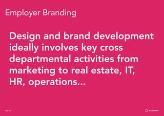 Page 104
Design and brand development
ideally involves key cross
departmental activities from
marketing to real estate, IT,
HR, operations...
Employer Branding
Page 104
 
