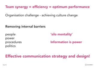 Page 106
Team synergy = efficiency = optimum performance
Organisation challenge - achieving culture change
Removing internal barriers
people
power
procedures
politics
‘silo mentality’
Information is power
Effective communication strategy and design!
 