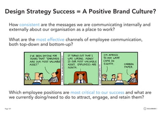 Page 107
How consistent are the messages we are communicating internally and
externally about our organisation as a place to work?
What are the most effective channels of employee communication,
both top-down and bottom-up?
Which employee positions are most critical to our success and what are
we currently doing/need to do to attract, engage, and retain them?
Design Strategy Success = A Positive Brand Culture?
 