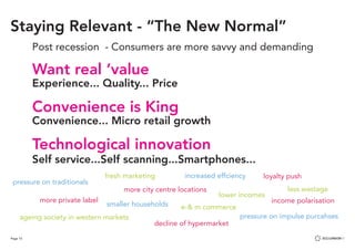 Page 15
Post recession - Consumers are more savvy and demanding
Want real ‘value
Experience... Quality... Price
Convenience is King
Convenience... Micro retail growth
Technological innovation
Self service...Self scanning...Smartphones...
Staying Relevant - “The New Normal”
decline of hypermarket
less wastage
e-& m commerce
more private label
pressure on traditionals
income polarisationsmaller households
loyalty pushincreased effciency
more city centre locations
ageing society in western markets
lower incomes
pressure on impulse purcahses
fresh marketing
 