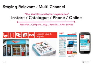 Page 18
Staying Relevant - Multi Channel
“the seamless customer experience”
Instore / Catalogue / Phone / Online
Research... Compare... Buy... Receive... After Service
 