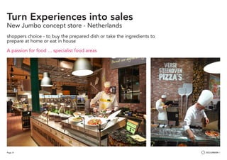 Page 31
Turn Experiences into sales
New Jumbo concept store - Netherlands
shoppers choice - to buy the prepared dish or take the ingredients to
prepare at home or eat in house
A passion for food	... specialist food areas
 