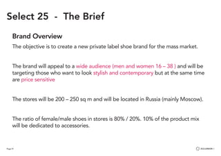 Page 41
Select 25 - The Brief
Brand Overview
The objective is to create a new private label shoe brand for the mass market.
The brand will appeal to a wide audience (men and women 16 – 38 ) and will be
targeting those who want to look stylish and contemporary but at the same time
are price sensitive
The stores will be 200 – 250 sq m and will be located in Russia (mainly Moscow).
The ratio of female/male shoes in stores is 80% / 20%. 10% of the product mix
will be dedicated to accessories.
 