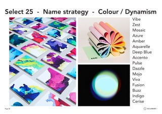 Page 50
Select 25 - Name strategy - Colour / Dynamism
Vibe
Zest
Mosaic
Azure
Amber
Aquarelle
Deep Blue
Accento
Pulse
Dazzle
Mojo
Viva
Fusion
Buzz
Indigo
Cerise
 