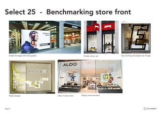 Page 52
Select 25 - Benchmarking store front
Simple frontage with bold graphic
Playful shapes
Simple colour use
Clear in-store vision
Eye catching and playful use of type
Quirky communication
 