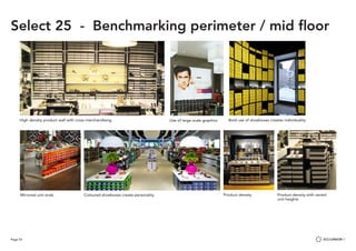 Page 53
Select 25 - Benchmarking perimeter / mid floor
Mirrored unit ends Product densityColoured shoeboxes create personality
Use of large scale graphicsHigh density product wall with cross merchandising Bold use of shoeboxes creates individuality
Product density with varied
unit heights
 