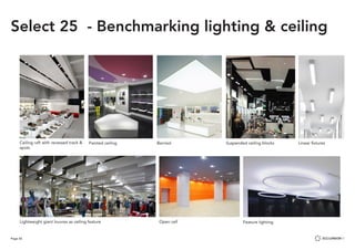 Page 56
Lightweight giant louvres as ceiling feature
Ceiling raft with recessed track &
spots
Open cell
Painted ceiling Barrisol Suspended ceiling blocks Linear fixtures
Feature lighting
Select 25 - Benchmarking lighting & ceiling
 