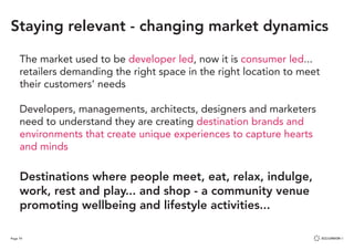 Page 74
Destinations where people meet, eat, relax, indulge,
work, rest and play... and shop - a community venue
promoting wellbeing and lifestyle activities...
The market used to be developer led, now it is consumer led...
retailers demanding the right space in the right location to meet
their customers’ needs
Developers, managements, architects, designers and marketers
need to understand they are creating destination brands and
environments that create unique experiences to capture hearts
and minds
Staying relevant - changing market dynamics
 