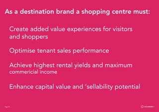 Page 75
As a destination brand a shopping centre must:
Create added value experiences for visitors
and shoppers
Optimise tenant sales performance
Achieve highest rental yields and maximum
commericial income
Enhance capital value and ‘sellability potential
Page 75
 