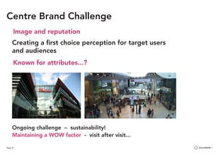 Page 76
Centre Brand Challenge
Image and reputation
Known for attributes...?
Creating a first choice perception for target users
and audiences
Ongoing challenge – sustainability!
Maintaining a WOW factor - visit after visit...
 