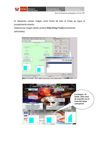 Aprovechamiento pedagógico de las TIC



Si deseamos colocar imagen como fondo de todo el Cmap se sigue el
procedimiento anterior.
(Seleccionar imagen desde ventana Vista Cmap Tools previamente
adicionado).




                                                                 La imagen de
                                                                 fondo debe estar
                                                                 de acuerdo con el
                                                                 tema del mapa
                                                                 conceptual
 