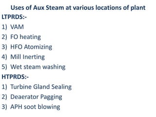 Uses of Aux Steam at various locations of plant 
LTPRDS:- 
1) VAM 
2) FO heating 
3) HFO Atomizing 
4) Mill Inerting 
5) Wet steam washing 
HTPRDS:- 
1) Turbine Gland Sealing 
2) Deaerator Pagging 
3) APH soot blowing 
 