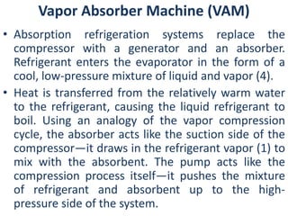 Vapor Absorber Machine (VAM) 
• Absorption refrigeration systems replace the 
compressor with a generator and an absorber. 
Refrigerant enters the evaporator in the form of a 
cool, low-pressure mixture of liquid and vapor (4). 
• Heat is transferred from the relatively warm water 
to the refrigerant, causing the liquid refrigerant to 
boil. Using an analogy of the vapor compression 
cycle, the absorber acts like the suction side of the 
compressor—it draws in the refrigerant vapor (1) to 
mix with the absorbent. The pump acts like the 
compression process itself—it pushes the mixture 
of refrigerant and absorbent up to the high-pressure 
side of the system. 
 
