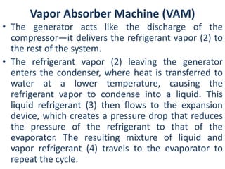 Vapor Absorber Machine (VAM) 
• The generator acts like the discharge of the 
compressor—it delivers the refrigerant vapor (2) to 
the rest of the system. 
• The refrigerant vapor (2) leaving the generator 
enters the condenser, where heat is transferred to 
water at a lower temperature, causing the 
refrigerant vapor to condense into a liquid. This 
liquid refrigerant (3) then flows to the expansion 
device, which creates a pressure drop that reduces 
the pressure of the refrigerant to that of the 
evaporator. The resulting mixture of liquid and 
vapor refrigerant (4) travels to the evaporator to 
repeat the cycle. 
 