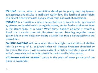 FOULING occurs when a restriction develops in piping and equipment 
passageways and results in inefficient water flow. The fouling of boiler room 
equipment directly impacts energy efficiencies and cost of operations. 
FOAMING is a condition in which concentrations of soluble salts, aggravated 
by grease, suspended solids or organic matter, create frothy bubbles or foam 
in the steam space of a boiler. When these bubbles collapse it creates a 
liquid that is carried over into the steam system. Foaming degrades steam 
quality and in some cases can create a water slug that is discharged into the 
steam lines. 
CAUSTIC GAUGING will occur when there is a high concentration of alkaline 
salts (a pH value of 11 or greater) that will liberate hydrogen absorbed by 
the iron in the steel. It will be more evident in high temperature areas of the 
boiler's waterside and manifests itself in the form of hairline cracks. 
HYDROGEN EMBRITTLEMENT occurs in the event of lower pH value of the 
water in evaporator 
95 
 
