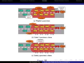 Deﬁni¸˜o e Hist´rico
ca
o

Caracter´
ısticas e Problemas

Camadas

Network Simulator 3 (ns-3)

Figura: [5]
Jo˜o Gon¸alves Filho
a
c

Estudo Sobre Mobile Ad Hoc Networks(MANETs)

Referˆncias
e

 