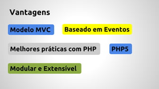 Vantagens 
Modelo MVC Baseado em Eventos 
Melhores práticas com PHP PHP5 
Modular e Extensível 
 