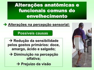 ➔ Alterações na percepção sensorial:
→ Redução da sensibilidade
pelos gostos primários: doce,
amargo, ácido e salgado;
→ Diminuição na percepção
olfativa;
→ Prejuízo da visão
Possíveis causas
Alterações anatômicas e
funcionais comuns do
envelhecimento
 