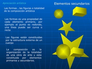 Apreciación artística Las formas , las figuras o totalidad de la composición artística Las formas es una propiedad de cada elemento primario, por ejemplo el punto es redondo, una línea puede ser curva o recta Las figuras están constituidas por la estructura externa de un cuerpo La composición es la organización de la totalidad de una obra de arte y esta constituida por elementos primarios y secundarios. Elementos secundarios 