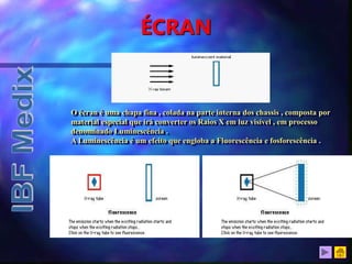 ÉCRAN
O écran é uma chapa fina , colada na parte interna dos chassis , composta por
material especial que irá converter os Raios X em luz visível , em processo
denominado Luminescência .
A Luminescência é um efeito que engloba a Fluorescência e fosforescência .
 