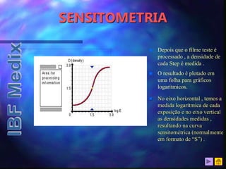 SENSITOMETRIA
 Depois que o filme teste é
processado , a densidade de
cada Step é medida .
 O resultado é plotado em
uma folha para gráficos
logarítmicos.
 No eixo horizontal , temos a
medida logarítmica de cada
exposição e no eixo vertical
as densidades medidas ,
resultando na curva
sensitométrica (normalmente
em formato de “S”) .
 