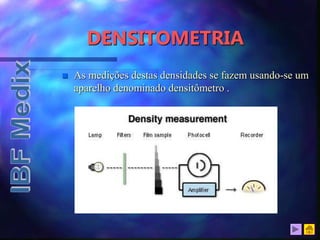 DENSITOMETRIA
 As medições destas densidades se fazem usando-se um
aparelho denominado densitômetro .
 