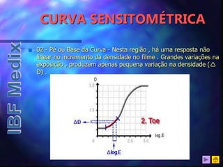 CURVA SENSITOMÉTRICA
 02 - Pé ou Base da Curva - Nesta região , há uma resposta não
linear no incremento da densidade no filme . Grandes variações na
exposição , produzem apenas pequena variação na densidade (
D) .
 