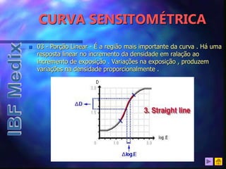 CURVA SENSITOMÉTRICA
 03 - Porção Linear - É a região mais importante da curva . Há uma
resposta linear no incremento da densidade em ralação ao
incremento de exposição . Variações na exposição , produzem
variações na densidade proporcionalmente .
 