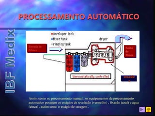 PROCESSAMENTO AUTOMÁTICO
Assim como no processamento manual , os equipamentos de processamento
automático possuem os estágios de revelação (vermelho) , fixação (azul) e água
(cinza) , assim como o estágio de secagem .
Entrada de
Filmes
Saída
de
filmes
secado
r
 