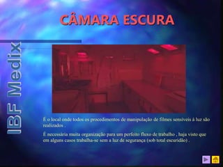 CÂMARA ESCURA
É o local onde todos os procedimentos de manipulação de filmes sensíveis à luz são
realizados .
É necessária muita organização para um perfeito fluxo de trabalho , haja visto que
em alguns casos trabalha-se sem a luz de segurança (sob total escuridão) .
 