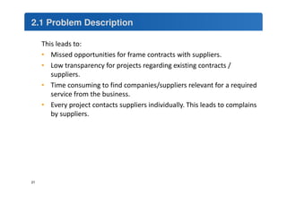 2.1 Problem Description 
21 
This leads to: 
• Missed opportunities for frame contracts with suppliers. 
• Low transparency for projects regarding existing contracts / 
suppliers. 
• Time consuming to find companies/suppliers relevant for a required 
service from the business. 
• Every project contacts suppliers individually. This leads to complains 
by suppliers. 
 